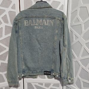 New Balmain Light Blue Denim Jacket with Embroidered Logo XL